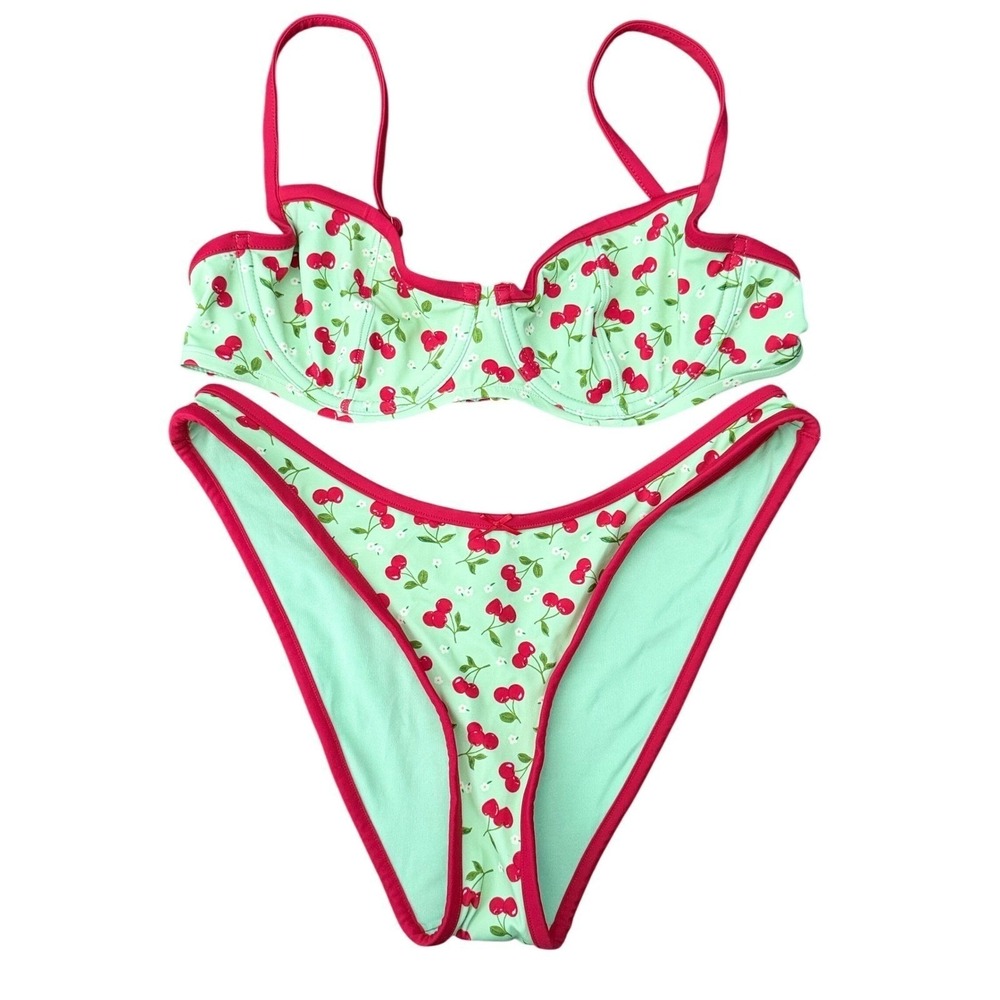 PINK by Frankies Bikinis Cherry Print Underwire Bikini Set Mint Green Red S